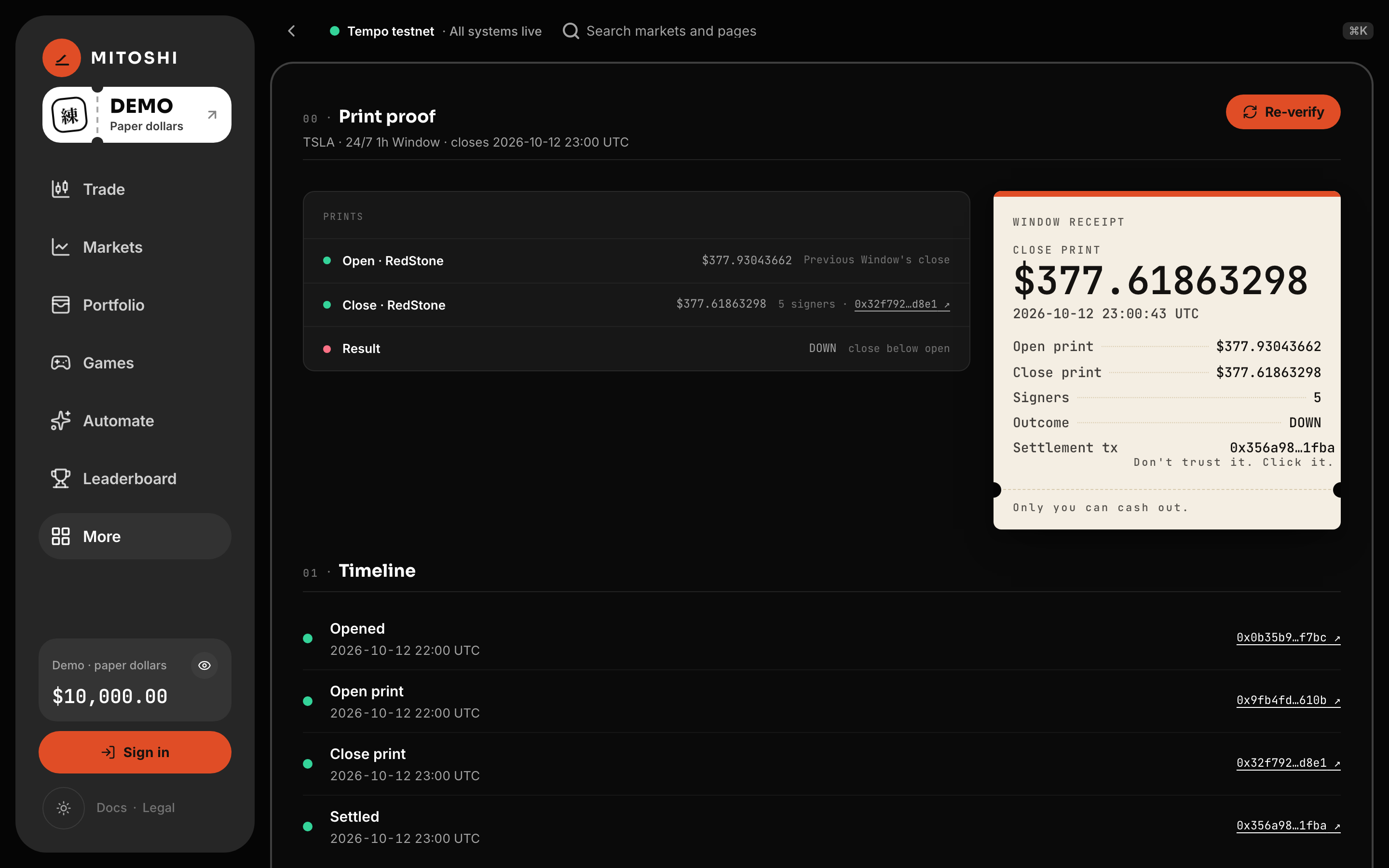 The proof page of a settled Window at 1440 × 900, reached from the leaderboard's first trader's record.